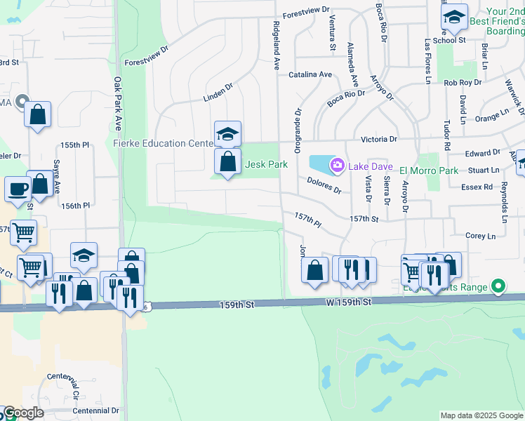 map of restaurants, bars, coffee shops, grocery stores, and more near 15801 Aspen Court in Oak Forest
