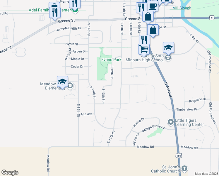 map of restaurants, bars, coffee shops, grocery stores, and more near 1203 Evans View Drive in Adel