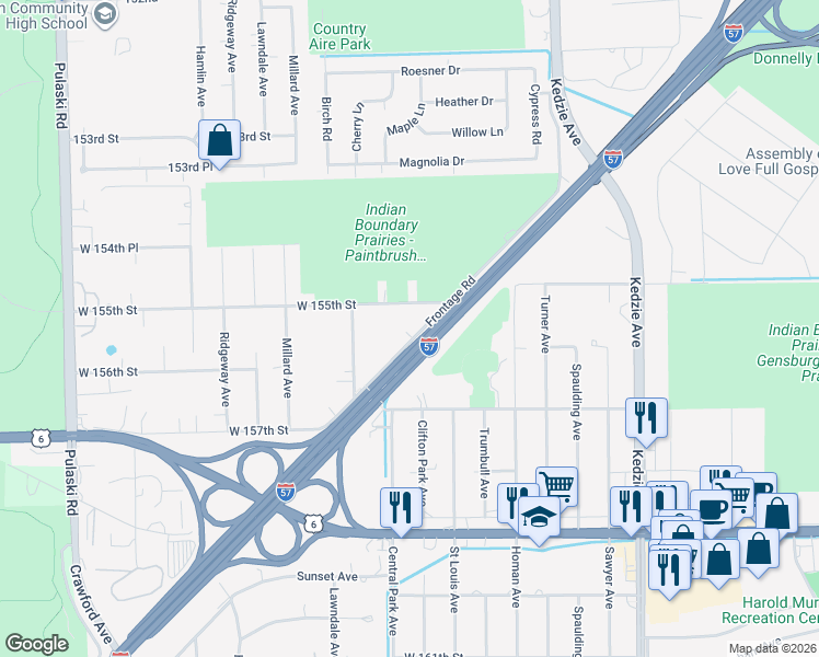 map of restaurants, bars, coffee shops, grocery stores, and more near 15508 Frontage Road in Markham