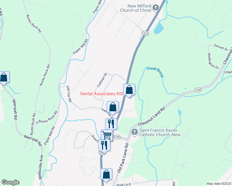 map of restaurants, bars, coffee shops, grocery stores, and more near 105 Belair Drive in New Milford