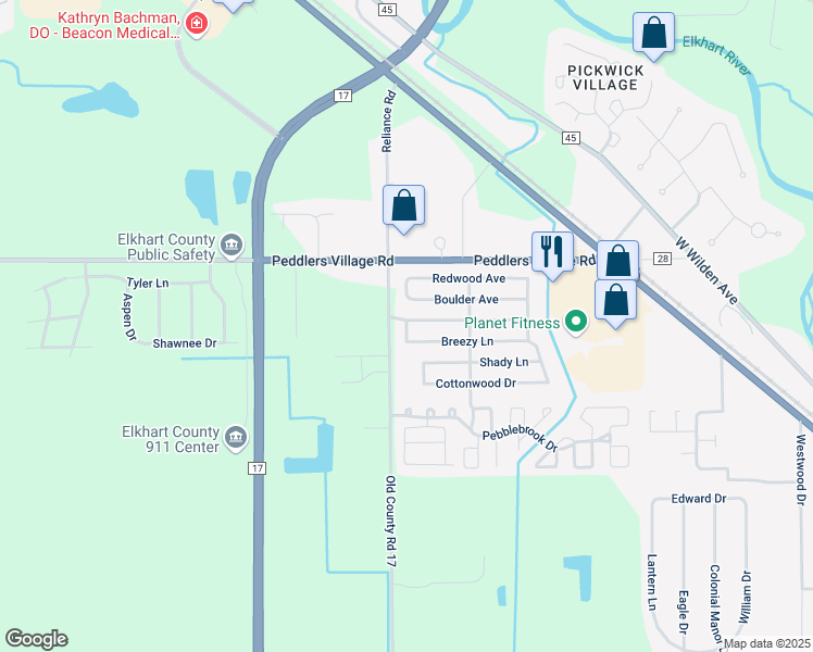 map of restaurants, bars, coffee shops, grocery stores, and more near 61108 Old County Road 17 in Goshen