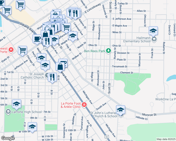 map of restaurants, bars, coffee shops, grocery stores, and more near 1110 Ridge Street in La Porte