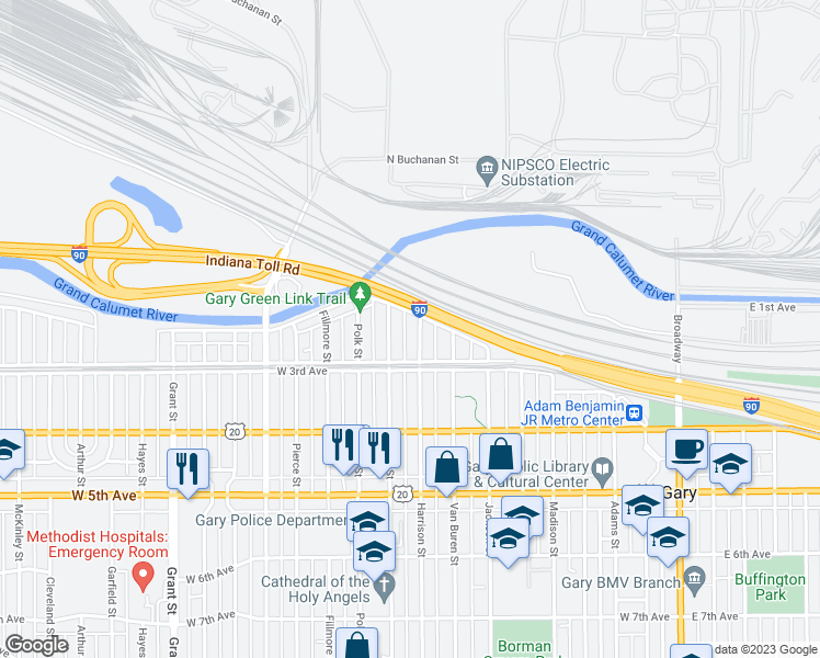 map of restaurants, bars, coffee shops, grocery stores, and more near 241 Tyler St in Gary