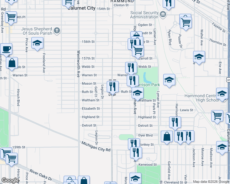 map of restaurants, bars, coffee shops, grocery stores, and more near 5 Ruth Street in Hammond