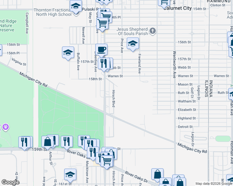 map of restaurants, bars, coffee shops, grocery stores, and more near 944 Hirsch Boulevard in Calumet City