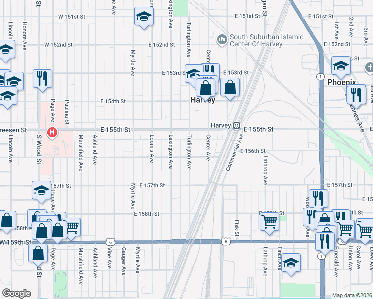 map of restaurants, bars, coffee shops, grocery stores, and more near 15530 Turlington Avenue in Harvey
