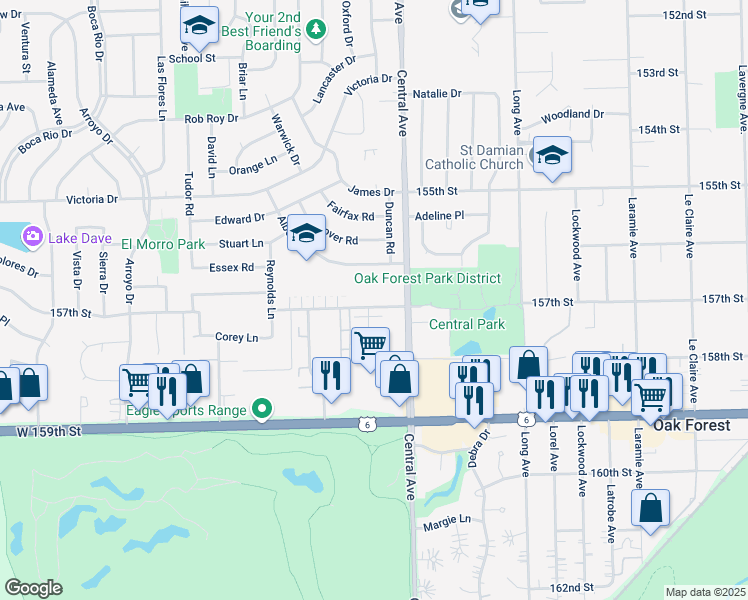 map of restaurants, bars, coffee shops, grocery stores, and more near 5624 Independence Avenue in Oak Forest