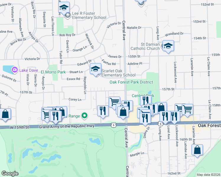 map of restaurants, bars, coffee shops, grocery stores, and more near 5710 Independence Avenue in Oak Forest