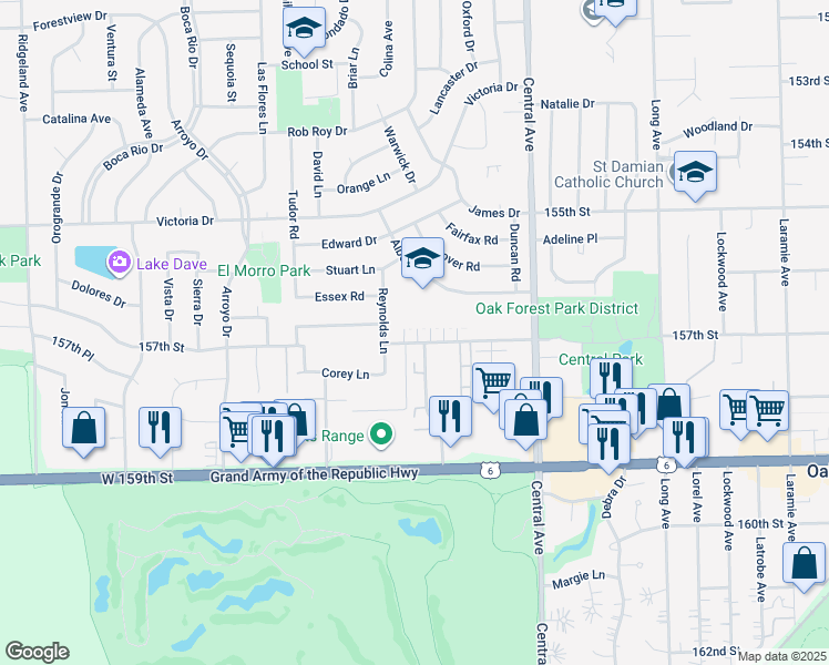 map of restaurants, bars, coffee shops, grocery stores, and more near 5748 Independence Avenue in Oak Forest
