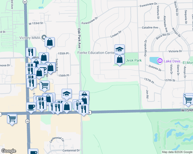 map of restaurants, bars, coffee shops, grocery stores, and more near 15700 Pine Court in Oak Forest