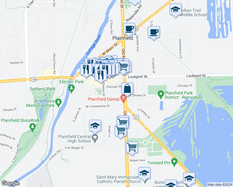 map of restaurants, bars, coffee shops, grocery stores, and more near 15129 South Illinois Street in Plainfield