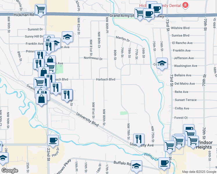 map of restaurants, bars, coffee shops, grocery stores, and more near 1703 Northwest 80th Street in Clive