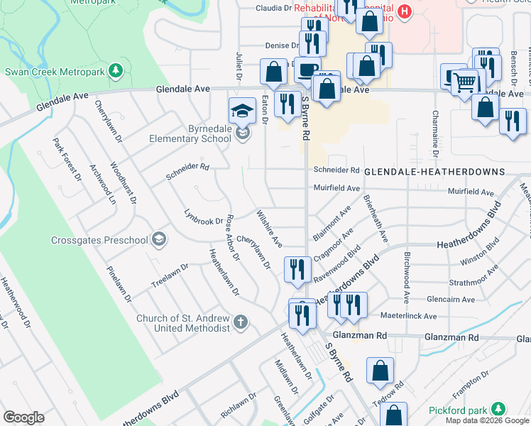 map of restaurants, bars, coffee shops, grocery stores, and more near 3565 Havenhurst Avenue in Toledo