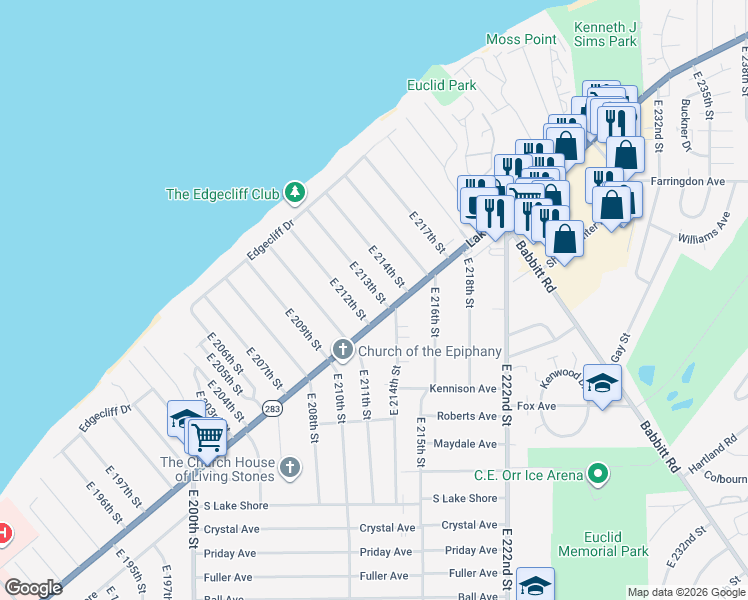 map of restaurants, bars, coffee shops, grocery stores, and more near 174 East 213th Street in Euclid