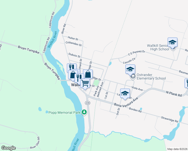 map of restaurants, bars, coffee shops, grocery stores, and more near 55 Bridge Street in Wallkill