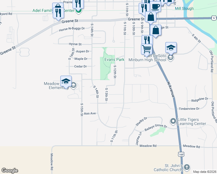 map of restaurants, bars, coffee shops, grocery stores, and more near 1203 Evans View Drive in Adel