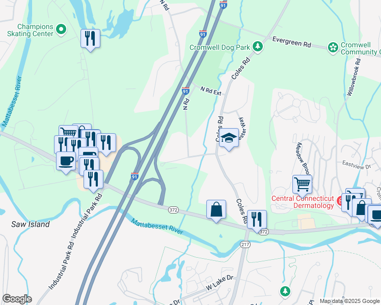 map of restaurants, bars, coffee shops, grocery stores, and more near 2 North Road in Cromwell