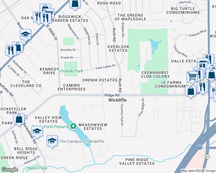 map of restaurants, bars, coffee shops, grocery stores, and more near 1942 Frances Court in Wickliffe