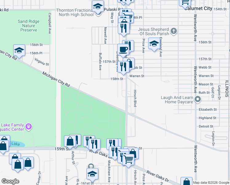 map of restaurants, bars, coffee shops, grocery stores, and more near 948 Greenbay Avenue in Calumet City