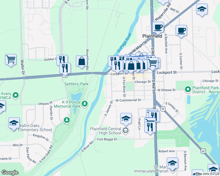 map of restaurants, bars, coffee shops, grocery stores, and more near 15136 South James Street in Plainfield