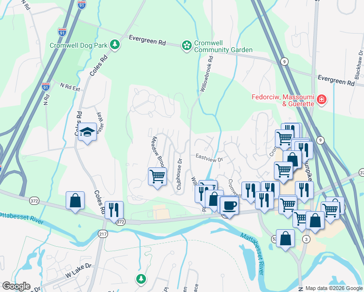 map of restaurants, bars, coffee shops, grocery stores, and more near 16 Valley Run Drive in Cromwell
