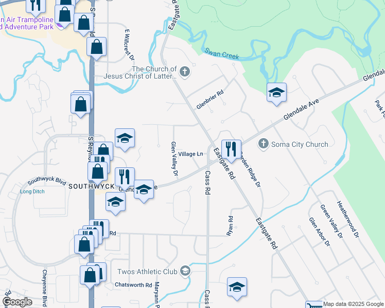 map of restaurants, bars, coffee shops, grocery stores, and more near 4800 Village Lane in Toledo