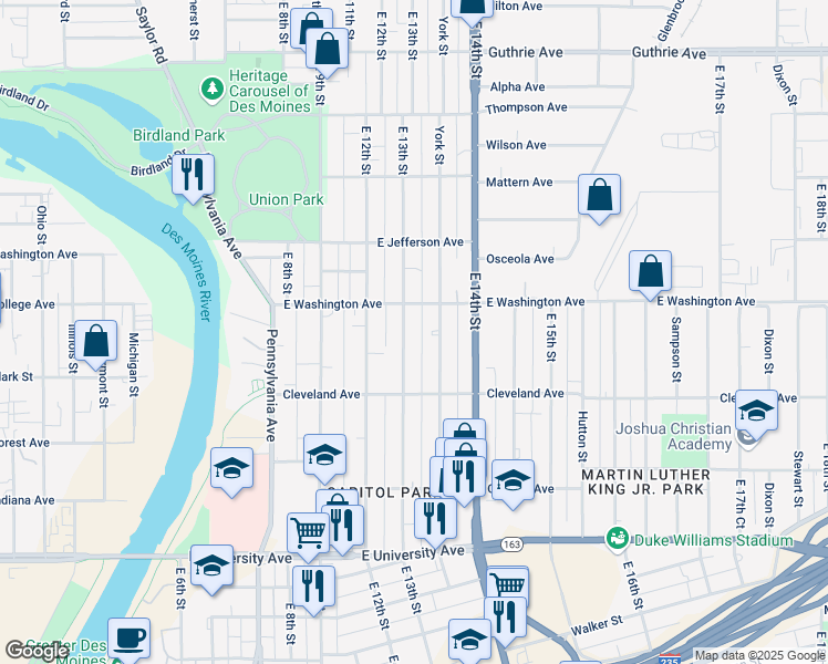 map of restaurants, bars, coffee shops, grocery stores, and more near 1519 East 13th Street in Des Moines