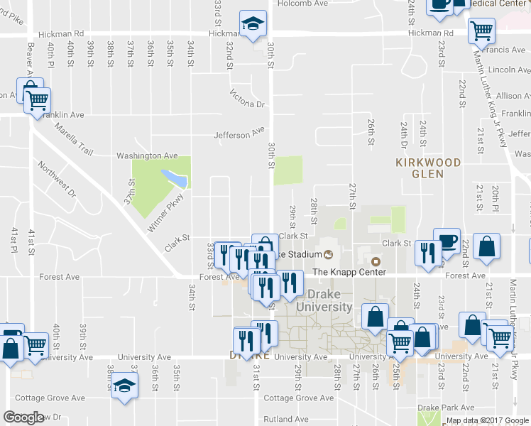 map of restaurants, bars, coffee shops, grocery stores, and more near 1530 30th Street in Des Moines