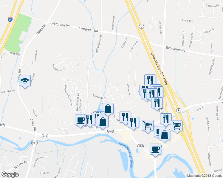 map of restaurants, bars, coffee shops, grocery stores, and more near 6 Cheryl Court in Cromwell