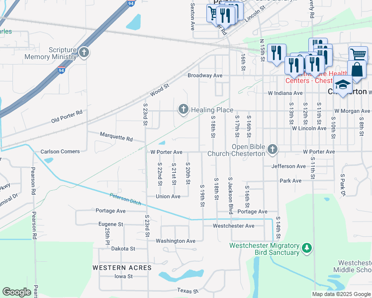 map of restaurants, bars, coffee shops, grocery stores, and more near 1980 West Porter Avenue in Chesterton