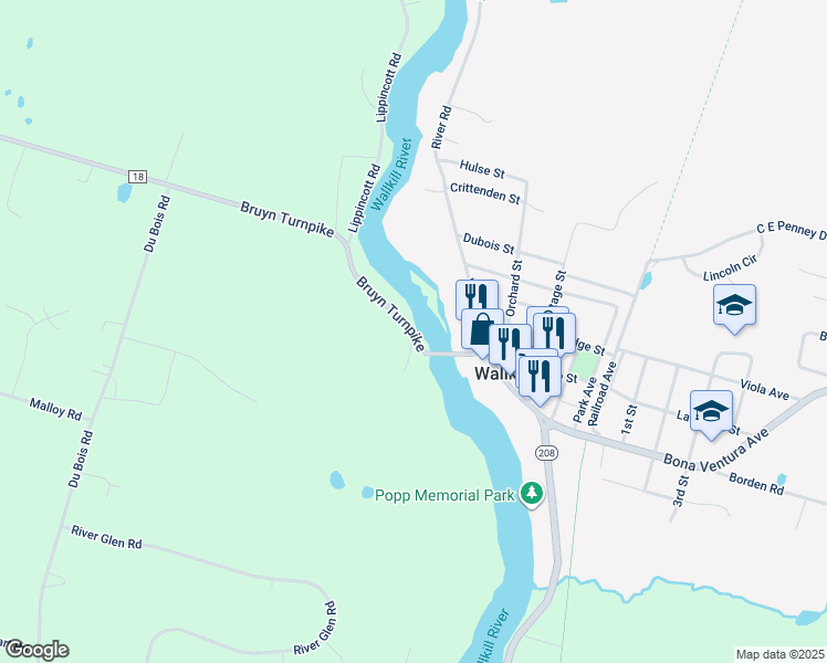 map of restaurants, bars, coffee shops, grocery stores, and more near Bruyn Turnpike in Wallkill