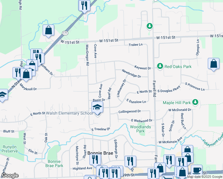 map of restaurants, bars, coffee shops, grocery stores, and more near 711 Reef Road in Lockport