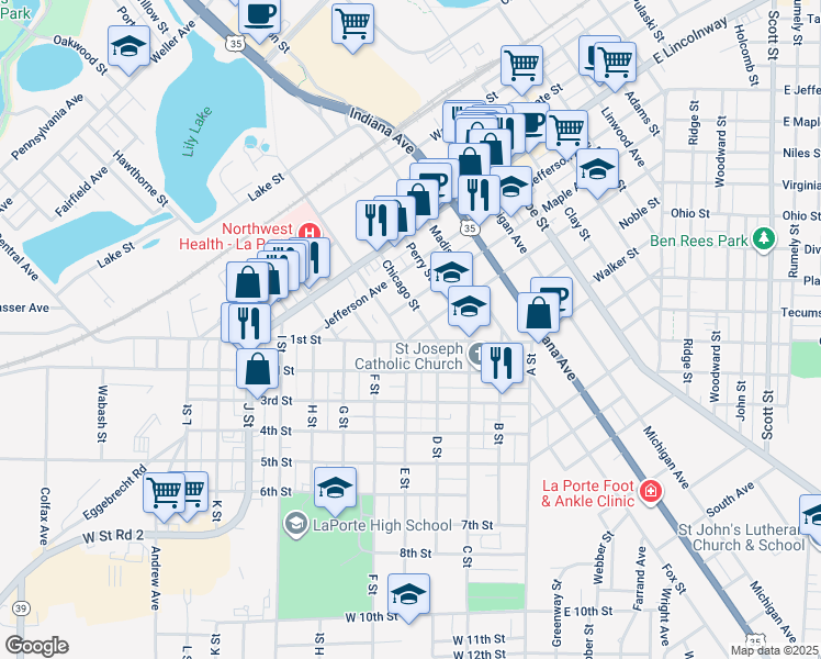 map of restaurants, bars, coffee shops, grocery stores, and more near 1107 Harrison Street in La Porte
