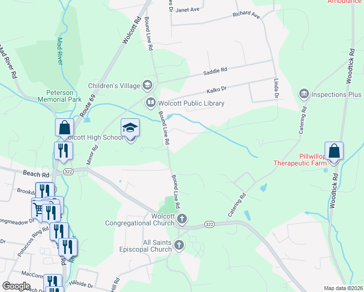 map of restaurants, bars, coffee shops, grocery stores, and more near 18 Simon Drive in Wolcott