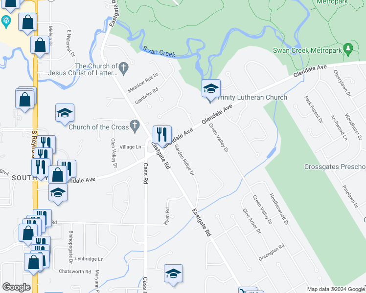 map of restaurants, bars, coffee shops, grocery stores, and more near 1819 Garden Ridge Drive in Toledo