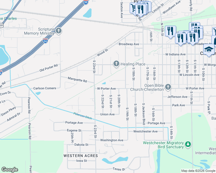 map of restaurants, bars, coffee shops, grocery stores, and more near 2180 West Porter Avenue in Chesterton
