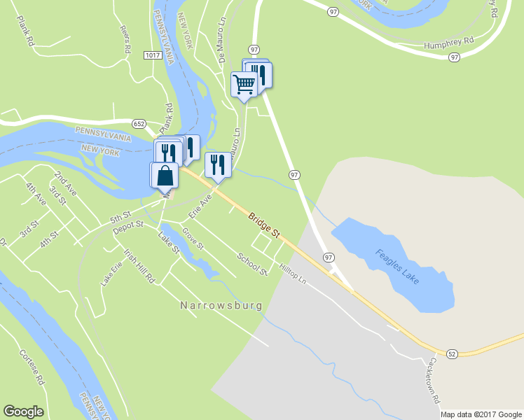map of restaurants, bars, coffee shops, grocery stores, and more near 122 Bridge Street in Narrowsburg