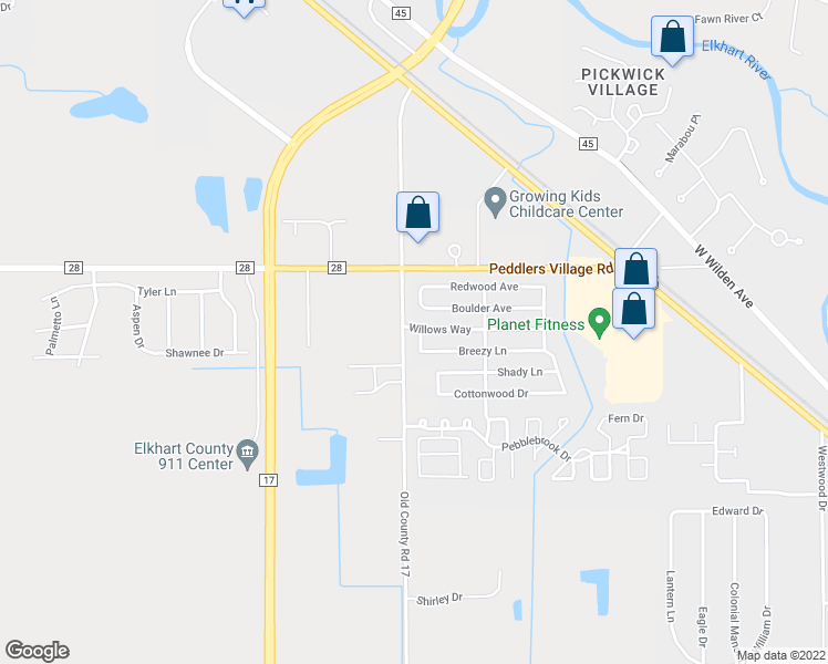 map of restaurants, bars, coffee shops, grocery stores, and more near 61108 Old County Road 17 in Goshen