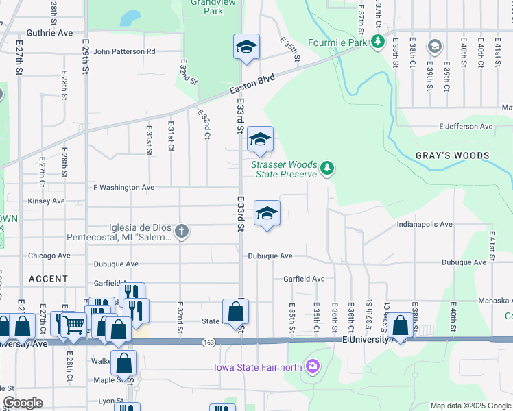map of restaurants, bars, coffee shops, grocery stores, and more near 3312 Kinsey Avenue in Des Moines