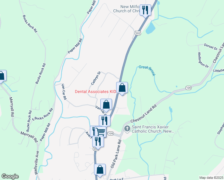 map of restaurants, bars, coffee shops, grocery stores, and more near 80 Belair Drive in New Milford