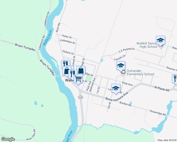 map of restaurants, bars, coffee shops, grocery stores, and more near 55 Bridge Street in Wallkill