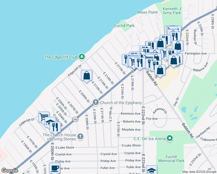 map of restaurants, bars, coffee shops, grocery stores, and more near 174 East 213th Street in Euclid