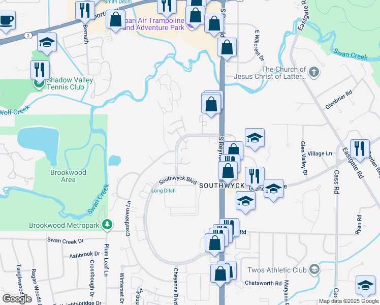 map of restaurants, bars, coffee shops, grocery stores, and more near 1801 Brownstone Boulevard in Toledo