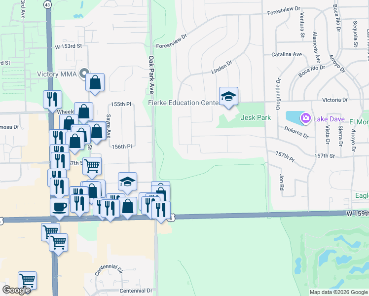 map of restaurants, bars, coffee shops, grocery stores, and more near 15700 Pine Court in Oak Forest