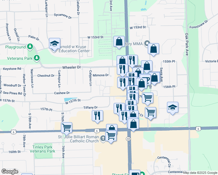 map of restaurants, bars, coffee shops, grocery stores, and more near 15614 South Harlem Avenue in Orland Park