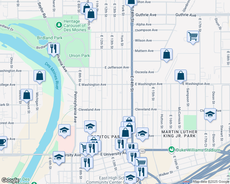 map of restaurants, bars, coffee shops, grocery stores, and more near 1519 East 13th Street in Des Moines