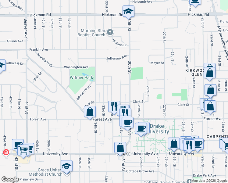 map of restaurants, bars, coffee shops, grocery stores, and more near 1534 31st Street in Des Moines