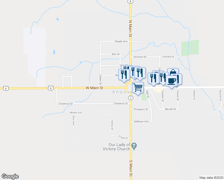 map of restaurants, bars, coffee shops, grocery stores, and more near 163 West Main Street in Andover