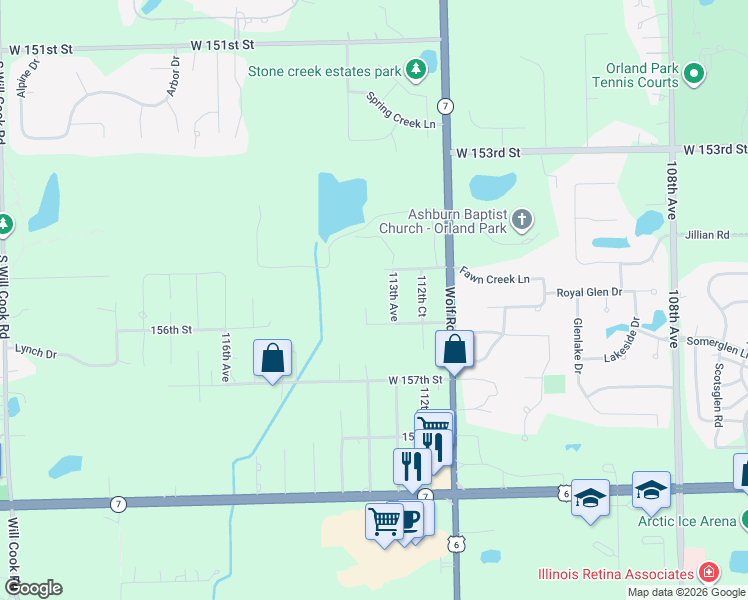 map of restaurants, bars, coffee shops, grocery stores, and more near 15531 113th Avenue in Orland Park