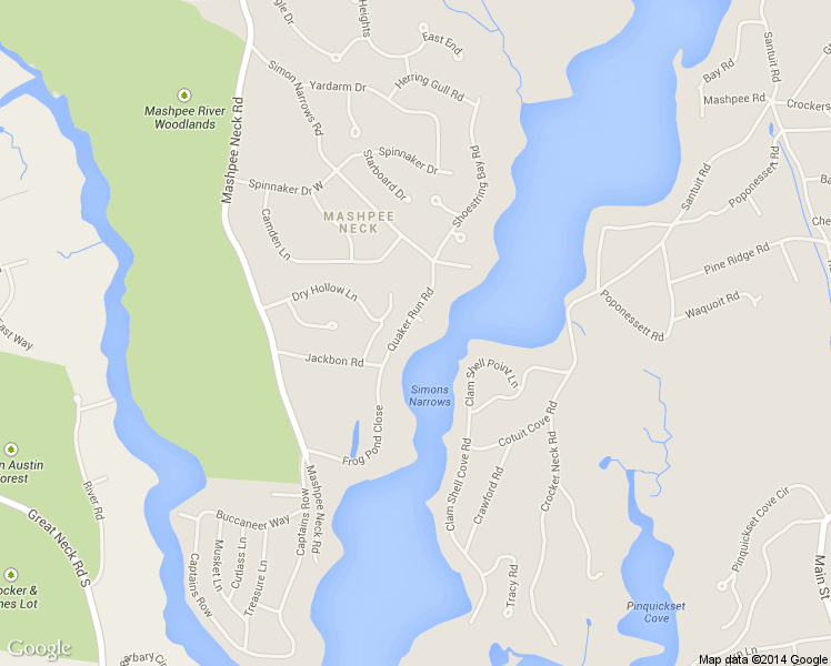 map of restaurants, bars, coffee shops, grocery stores, and more near 38 Quaker Run Road in Mashpee